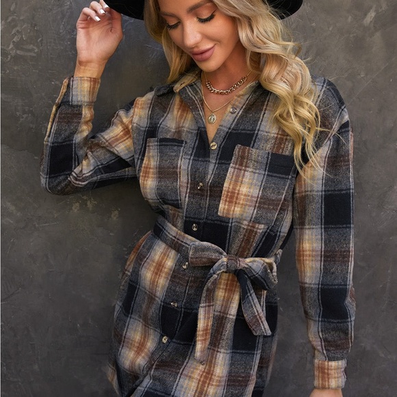 Colorblock Plaid Casual Pocket Belted Shirt Mini Dress - Picture 2 of 4